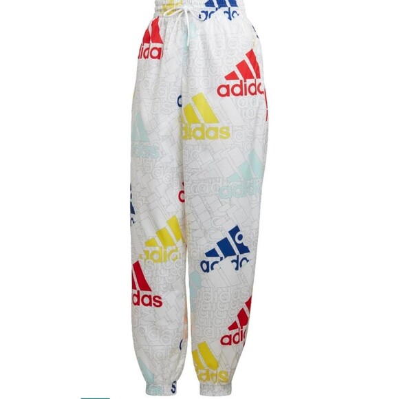 Adidas Multicolor All Over Logo Track Wind Nylon Pants Womens Size Small - Picture 1 of 6